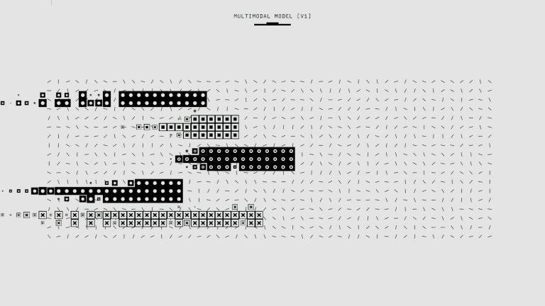 Abstract black and white graphic featuring a multimodal model pattern with various shapes.