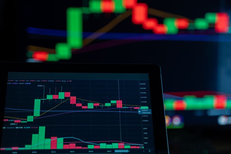 Close-up of a digital trading chart with candlestick patterns and market analysis in a dark setting.